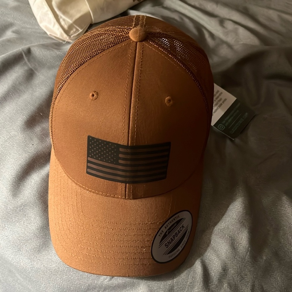 Tan American flag snap back hat